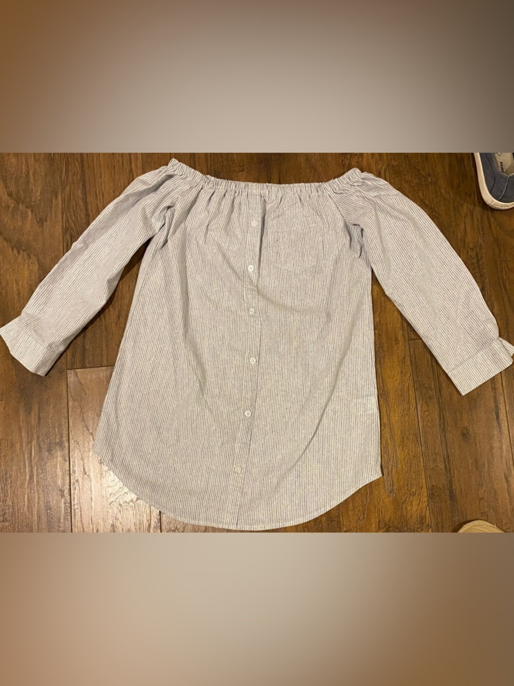 Off-the-Shoulder Striped Button-Down bathing suit coverup in Light Blue & White